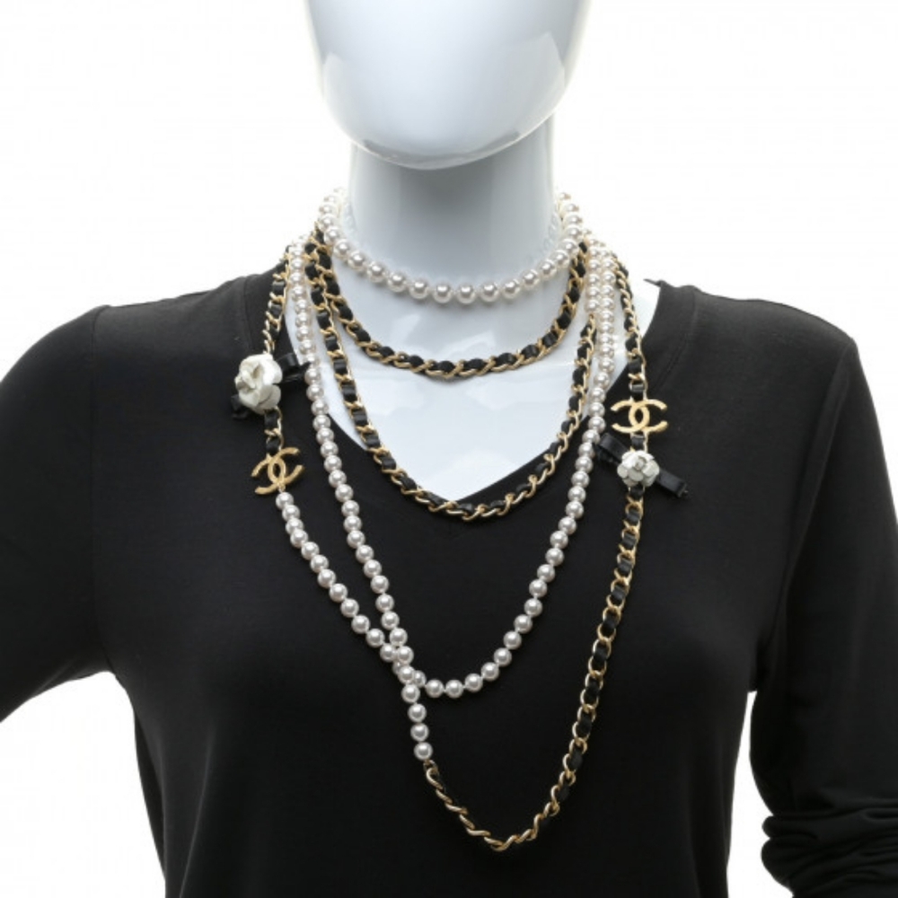 Chanel Pearl Lambskin Chain  Camellia CC Multi Strand Necklace